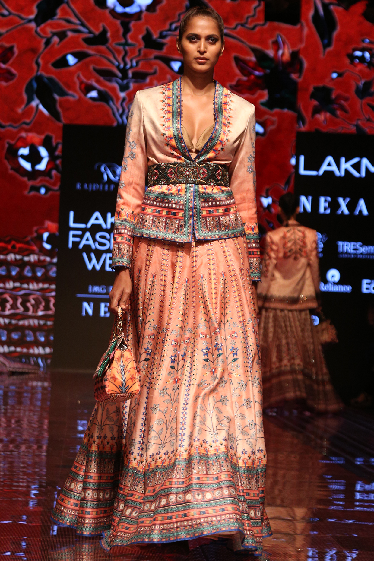 Apricot Printed Lehenga Skirt by Rajdeep Ranawat