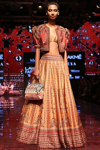 Red Printed & Embroidered Crop Jacket by Rajdeep Ranawat