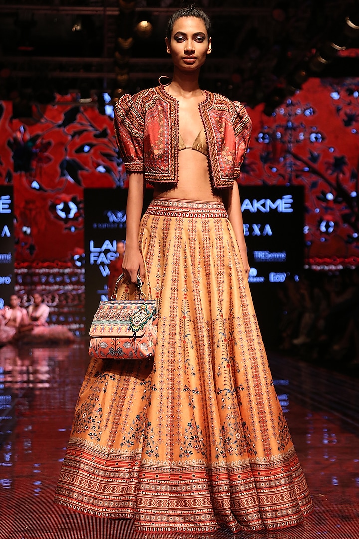 Orange Printed Lehenga Skirt by Rajdeep Ranawat