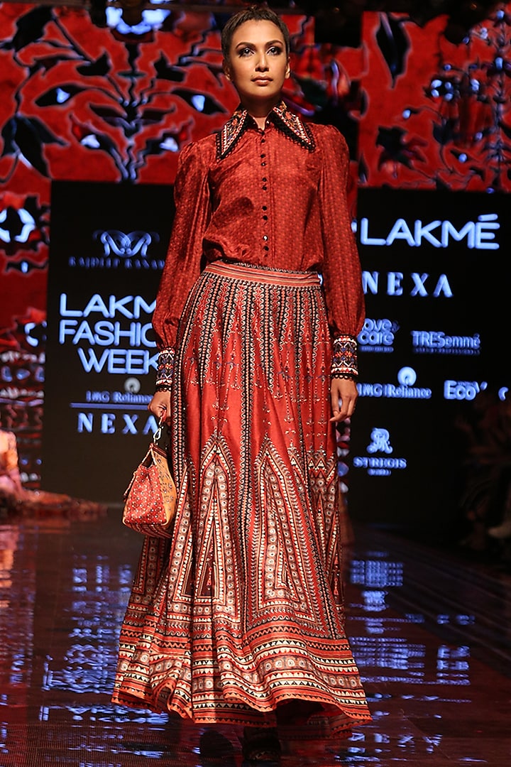 Red Printed Lehenga Skirt by Rajdeep Ranawat