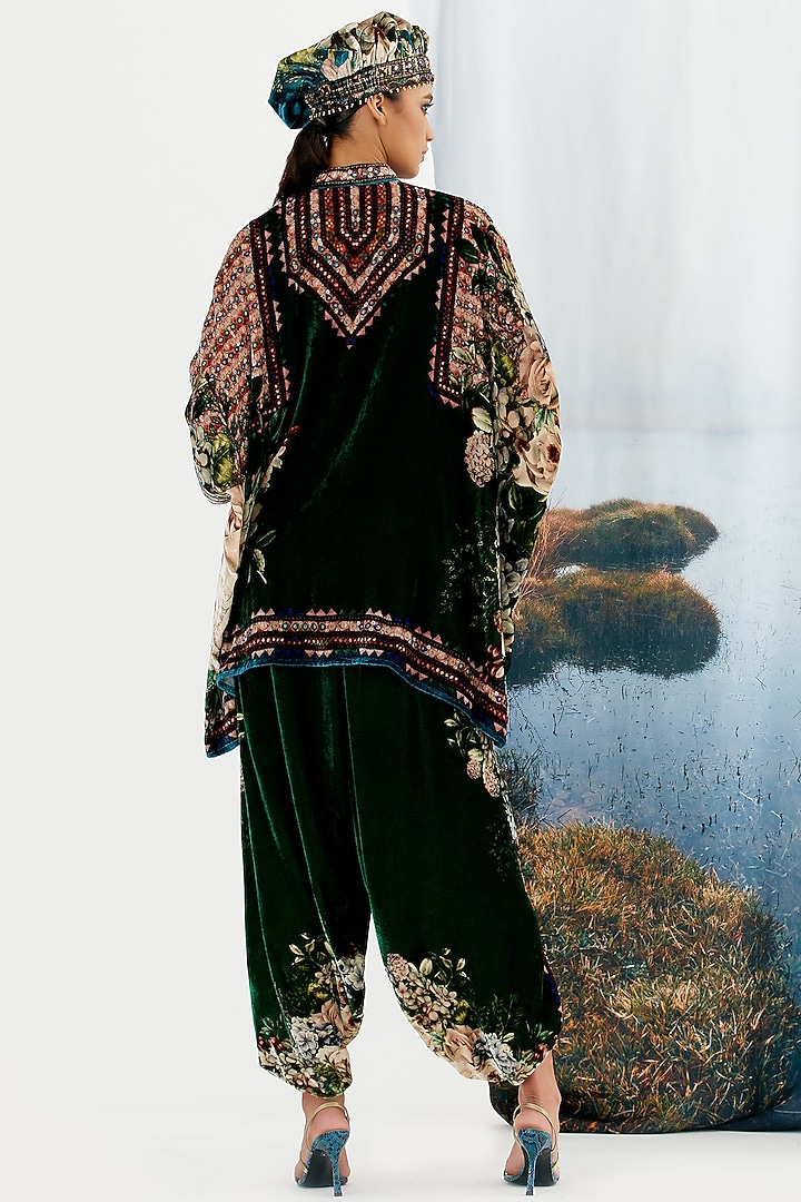 Emerald Green Velvet Printed Dhoti Pants by Rajdeep Ranawat at Pernia's Pop Up Shop