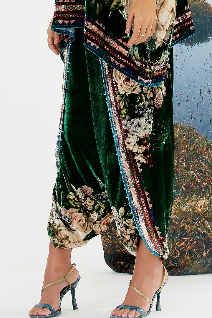 Emerald Green Velvet Printed Dhoti Pants by Rajdeep Ranawat at Pernia's Pop Up Shop