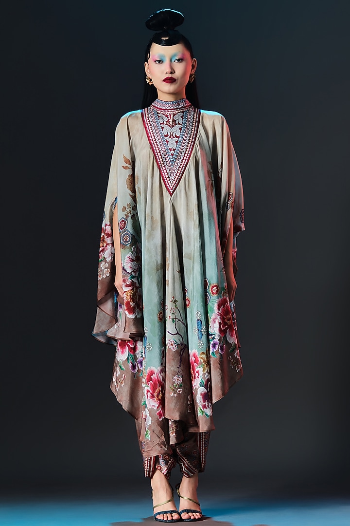 Beige & Sage Green Modal Satin Printed Dhoti Pants by Rajdeep Ranawat at Pernia's Pop Up Shop