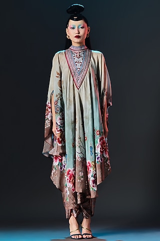 Beige & Sage Green Modal Satin Printed Dhoti Pants by Rajdeep Ranawat