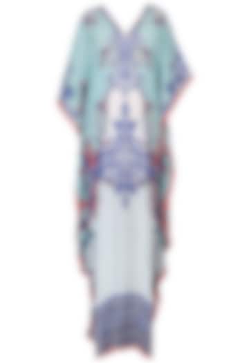 Aqua blue digital print V-neck kaftan available only at Pernia's Pop Up Shop.