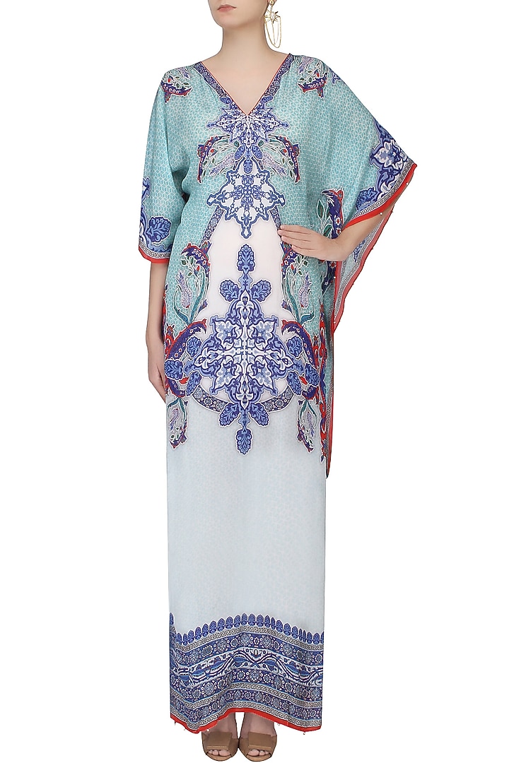 Aqua blue digital print V-neck kaftan available only at Pernia's Pop Up Shop.