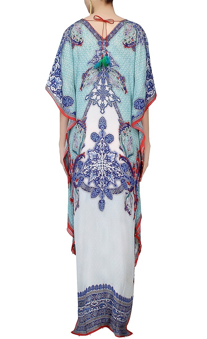Aqua blue digital print V-neck kaftan available only at Pernia's Pop Up Shop.