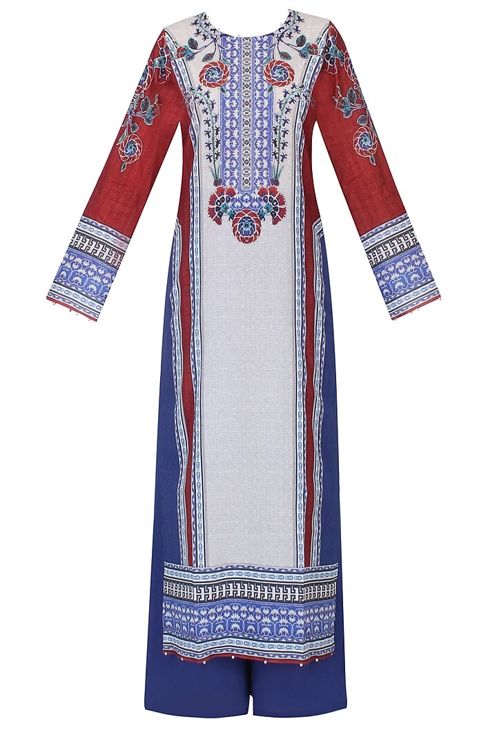 Blue and red floral printed kurta set with palazzo pants available only at Pernia's Pop Up Shop.