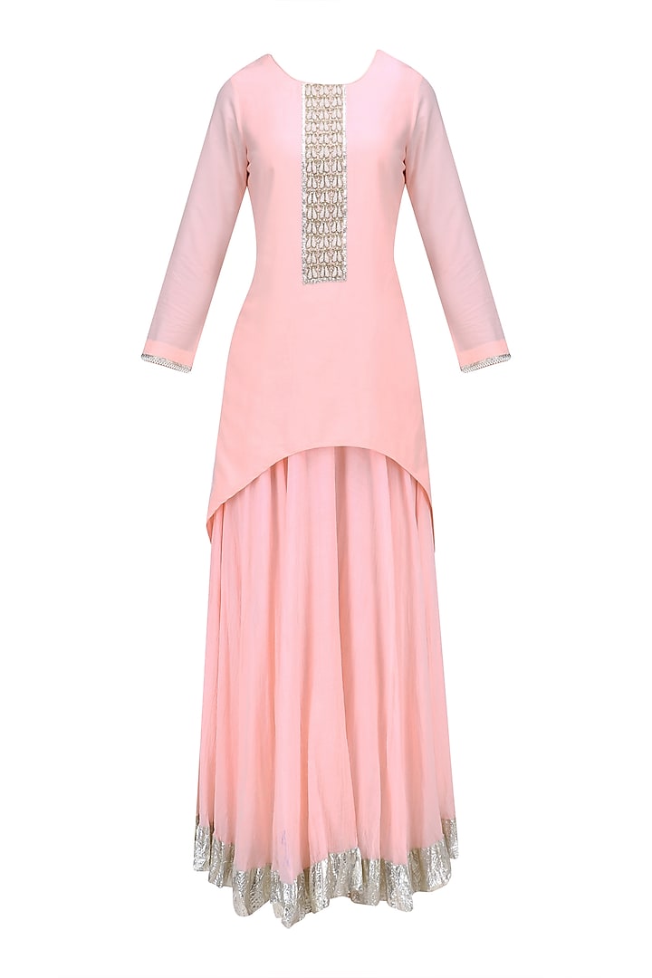 Nude Pink Pearl Embroidered High Low Kurta and Skirt Set by RAJH By Bani & Sheena