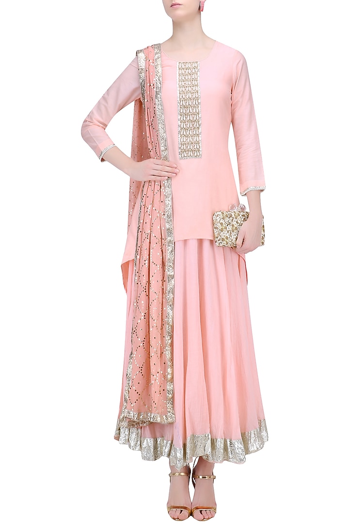 Nude pink pearl embroidered high low kurta and skirt set available only at Pernia's Pop Up Shop.