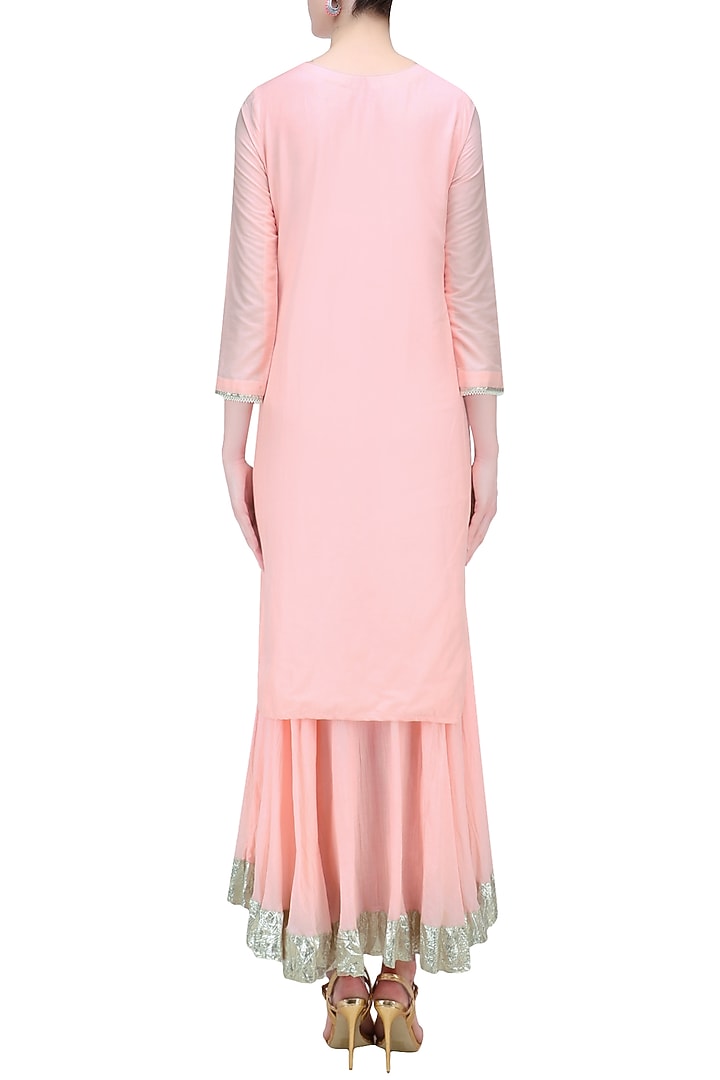 Nude pink pearl embroidered high low kurta and skirt set available only at Pernia's Pop Up Shop.