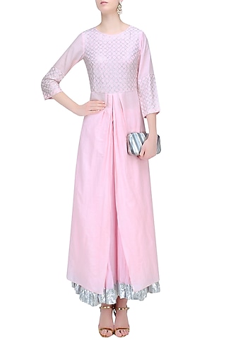 Powder Pink and Silver Work Kurta and Skirt Set by RAJH By Bani & Sheena