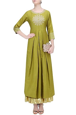 Olive Green Thread Embroidered Kurta and Skirt Set by RAJH By Bani & Sheena
