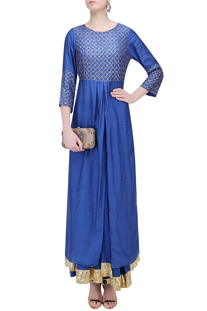 Cobalt blue and gold work kurta and skirt set available only at Pernia's Pop Up Shop.