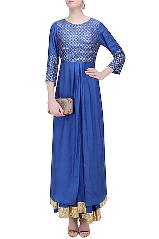 Cobalt Blue and Gold Work Kurta and Skirt Set by RAJH By Bani & Sheena