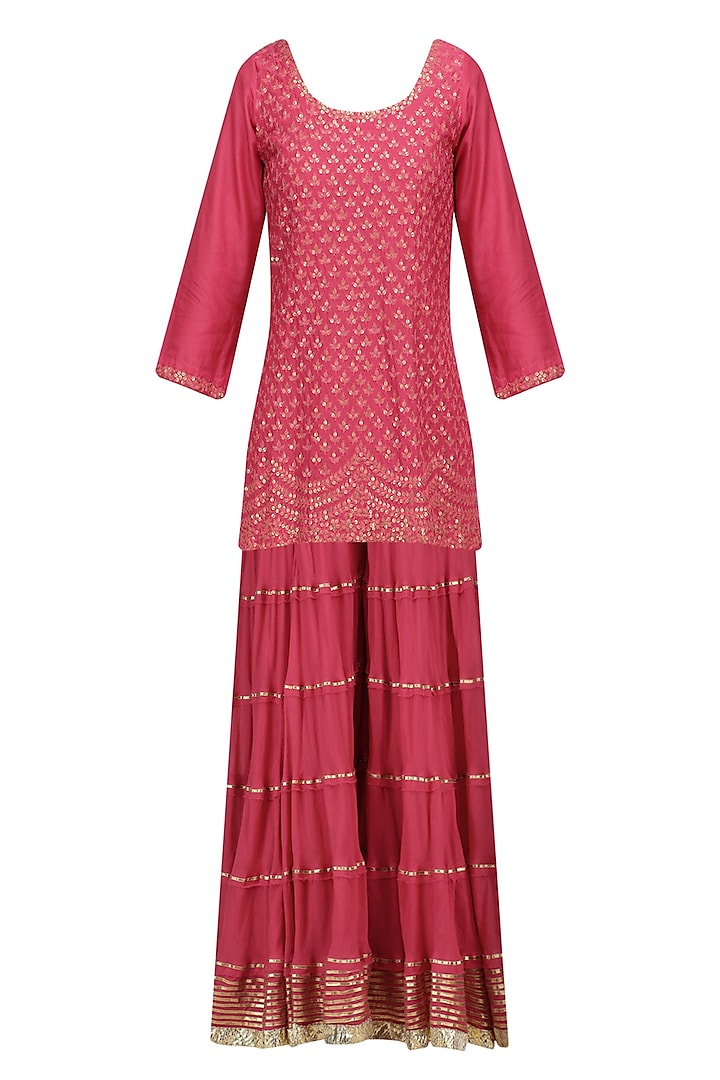 Red Floral Embroidered Short Kurta and Skirt Set by RAJH By Bani & Sheena
