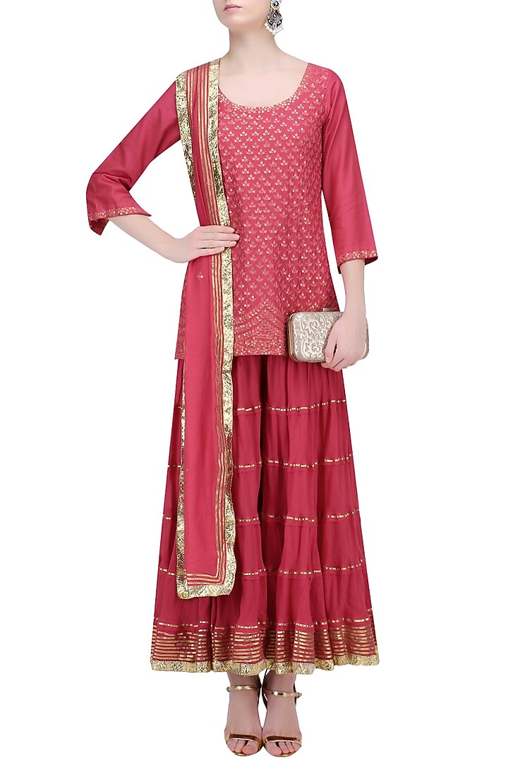 Red floral embroidered short kurta and skirt set available only at Pernia's Pop Up Shop.