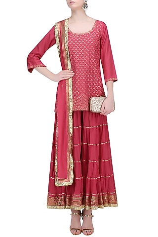 Red Floral Embroidered Short Kurta and Skirt Set by RAJH By Bani & Sheena