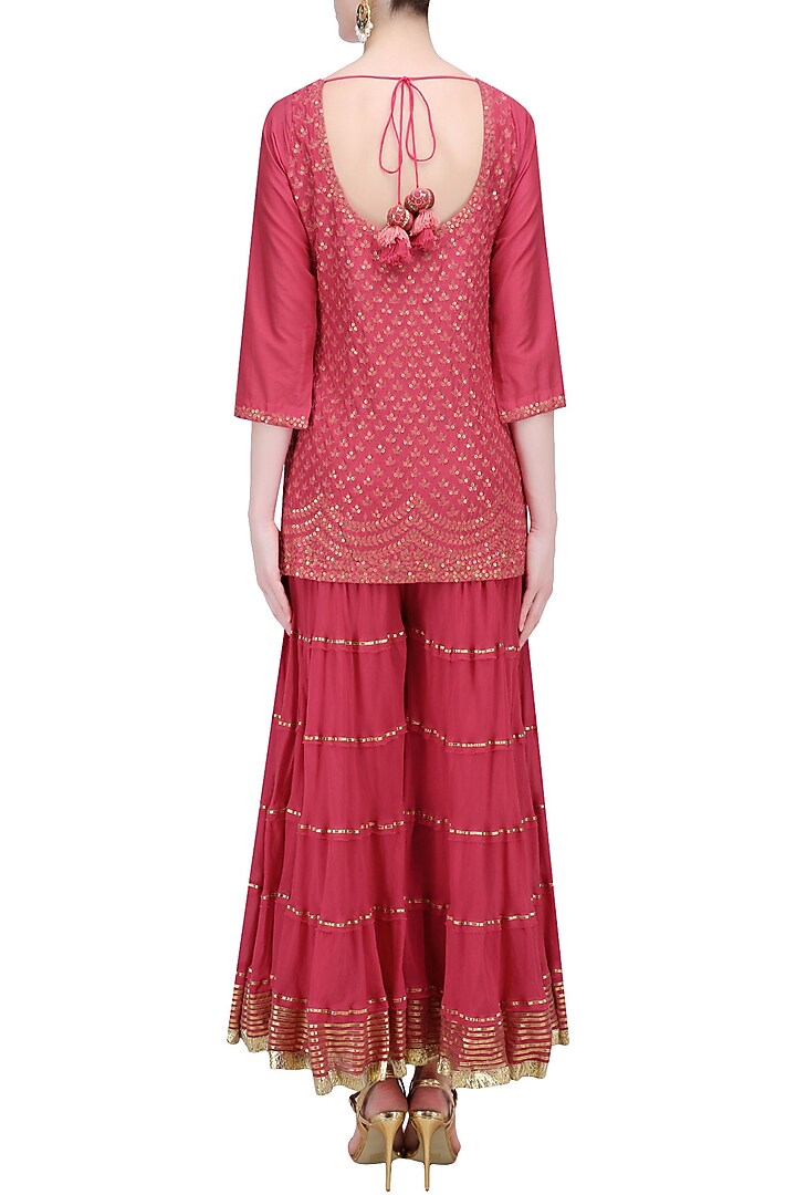 Red floral embroidered short kurta and skirt set available only at Pernia's Pop Up Shop.