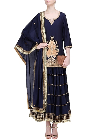 Navy Blue Floral Embroidered Short Kurta and Skirt Set by RAJH By Bani & Sheena