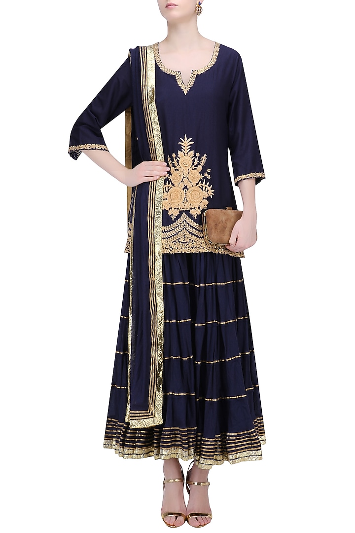 Navy blue floral embroidered short kurta and skirt set available only at Pernia's Pop Up Shop.