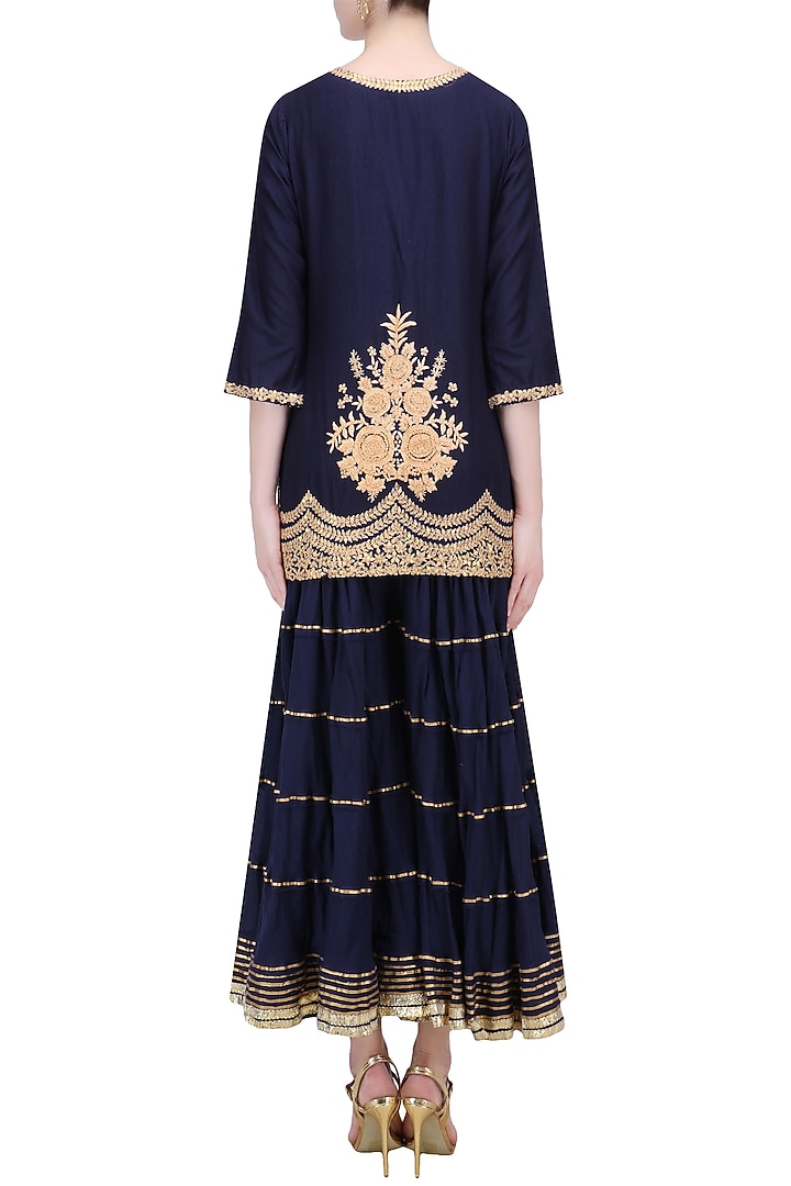Navy blue floral embroidered short kurta and skirt set available only at Pernia's Pop Up Shop.