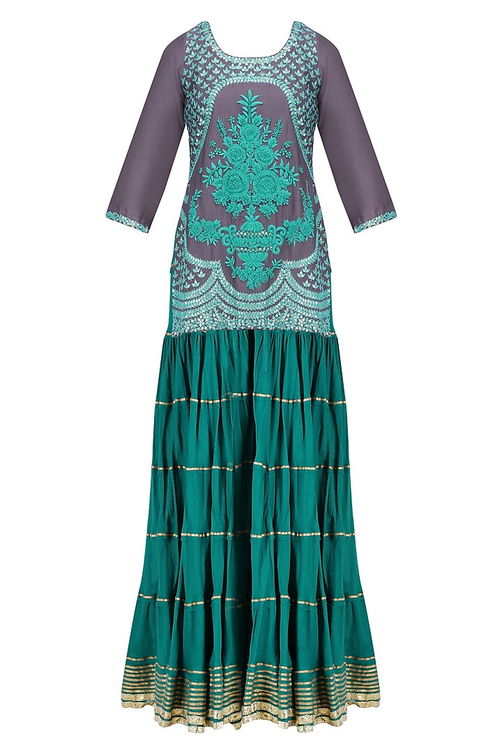Charcoal Grey and Blue Floral Embroidered Short Kurta and Skirt Set by RAJH By Bani & Sheena
