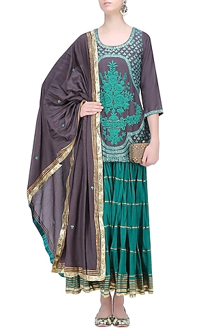 Charcoal Grey and Blue Floral Embroidered Short Kurta and Skirt Set by RAJH By Bani & Sheena