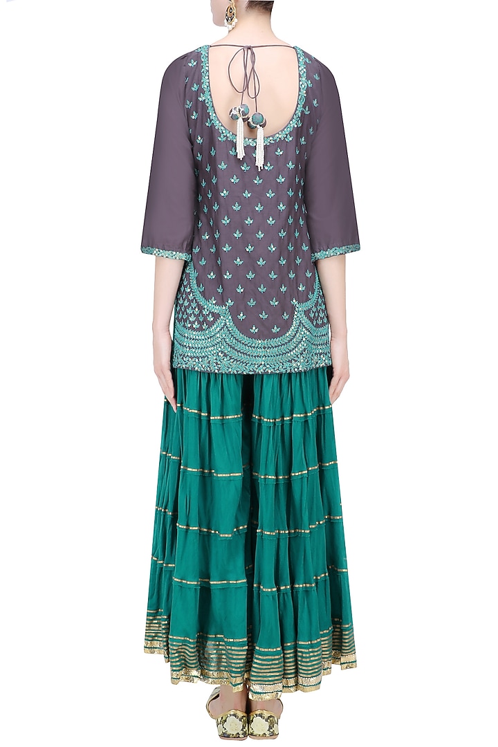 Charcoal grey and blue floral embroidered short kurta and skirt set available only at Pernia's Pop Up Shop.