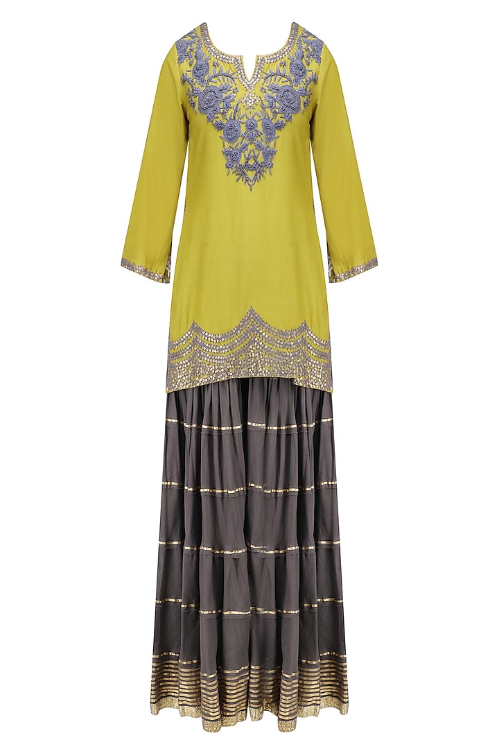 Charcoal Grey and Olive Green Floral Embroidered Short Kurta and Skirt Set by RAJH By Bani & Sheena