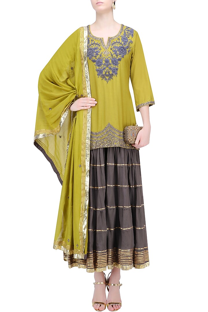 Charcoal grey and olive green floral embroidered short kurta and skirt set available only at Pernia's Pop Up Shop.