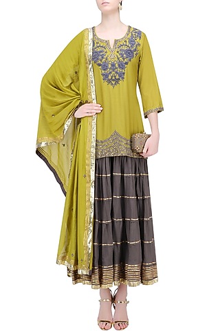 Charcoal Grey and Olive Green Floral Embroidered Short Kurta and Skirt Set by RAJH By Bani & Sheena