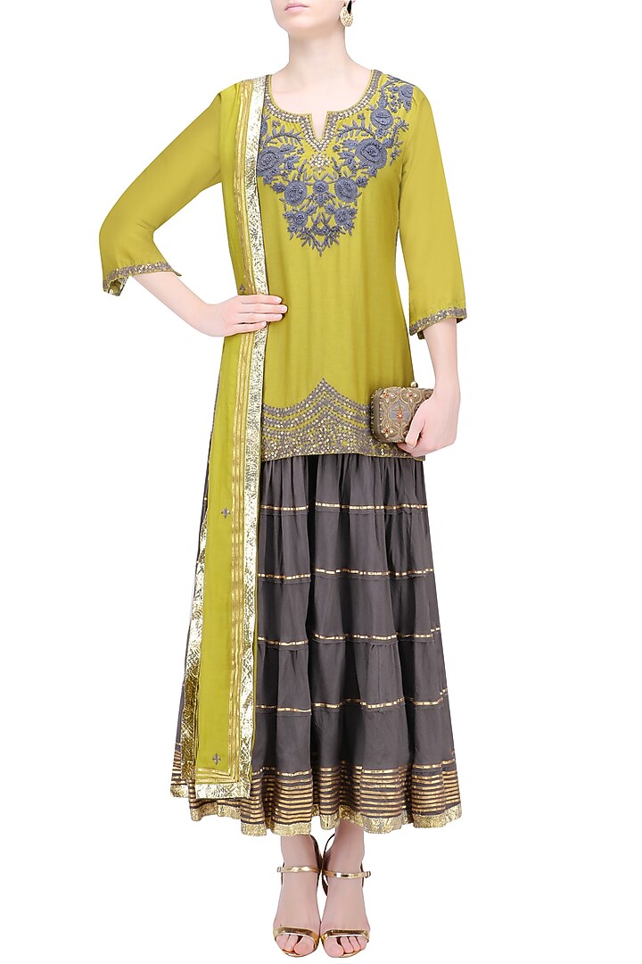 Charcoal grey and olive green floral embroidered short kurta and skirt set available only at Pernia's Pop Up Shop.