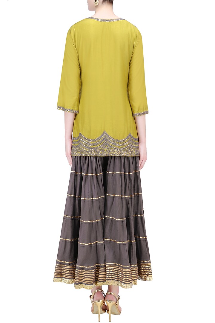Charcoal grey and olive green floral embroidered short kurta and skirt set available only at Pernia's Pop Up Shop.