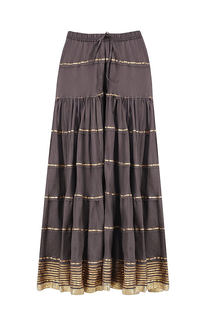 Charcoal grey and olive green floral embroidered short kurta and skirt set available only at Pernia's Pop Up Shop.