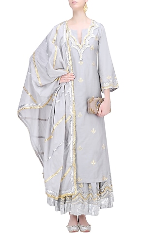 Light Grey, Gold and Silver Gota Patti Work Kurta and Skirt Set by RAJH By Bani & Sheena