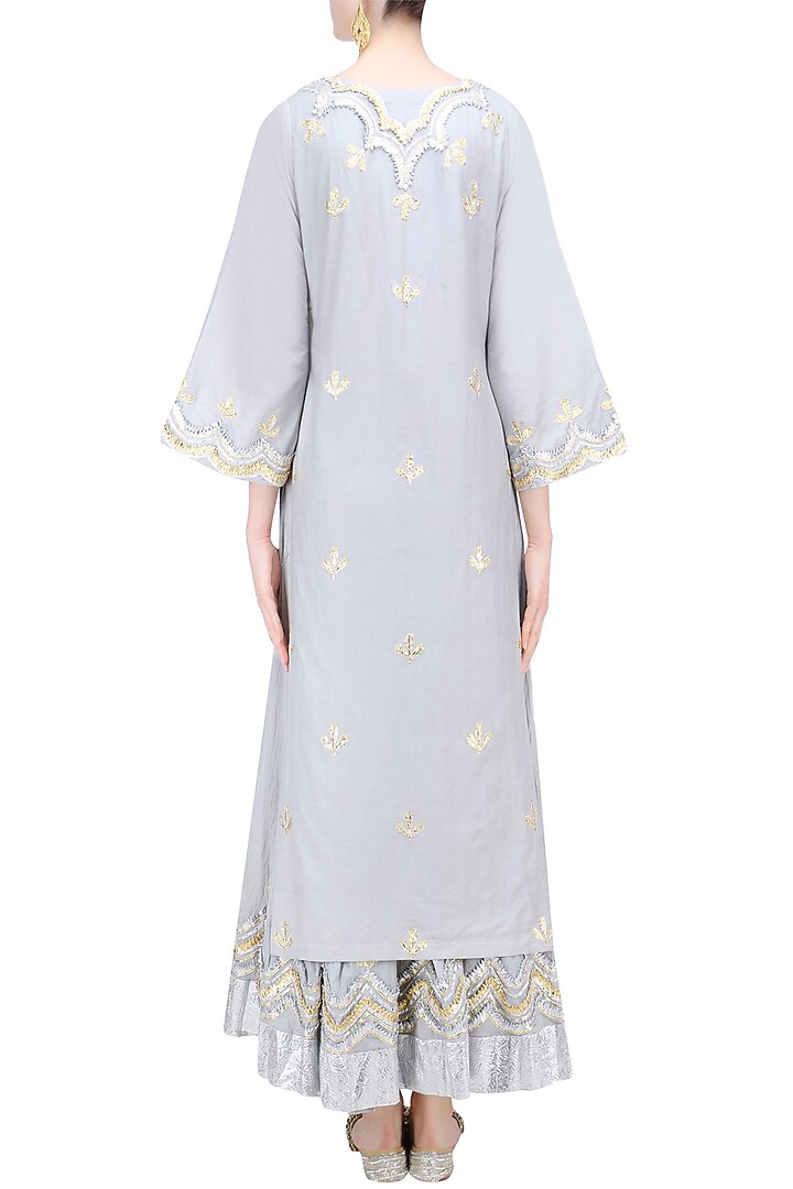 Light grey, gold and silver gota patti work kurta and skirt set available only at Pernia's Pop Up Shop.