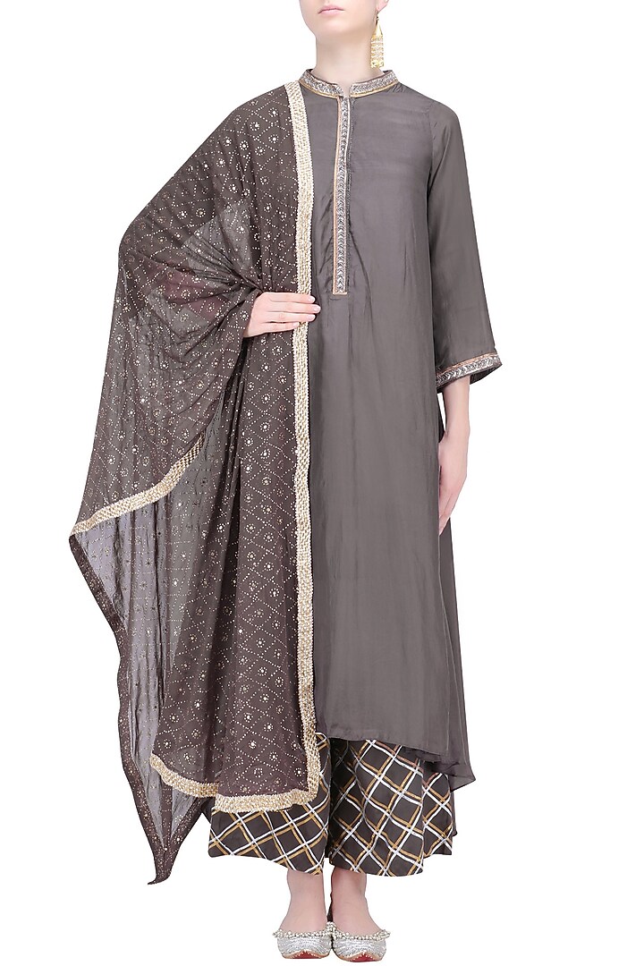 Charcoal asymmetrical long kurta and skirt set available only at Pernia's Pop Up Shop.