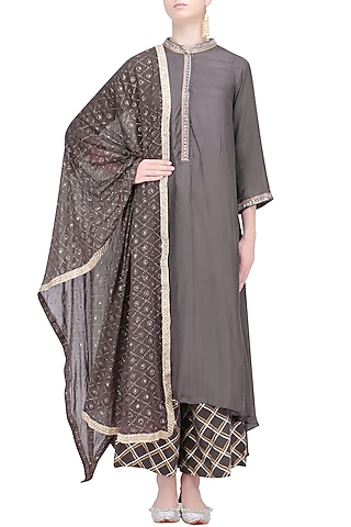 Charcoal Asymmetrical Long Kurta and Skirt Set by RAJH By Bani & Sheena