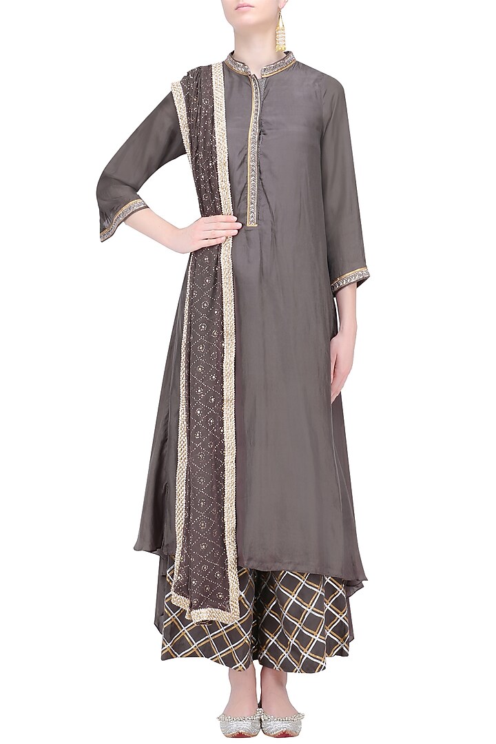 Charcoal asymmetrical long kurta and skirt set available only at Pernia's Pop Up Shop.