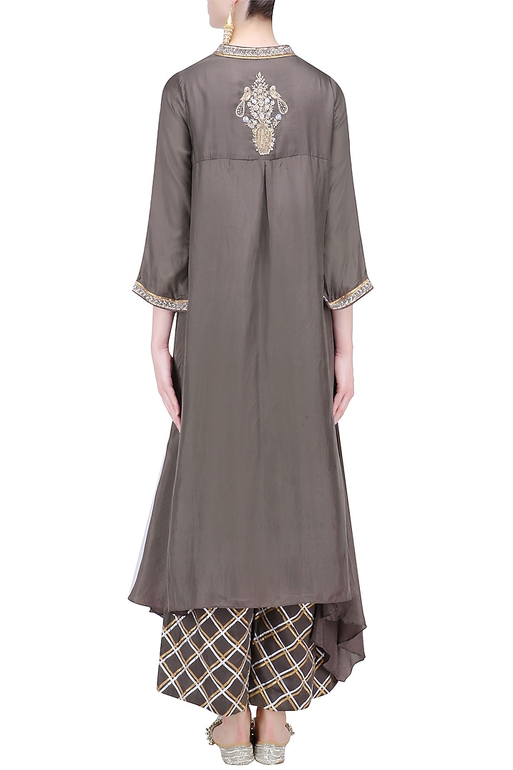 Charcoal asymmetrical long kurta and skirt set available only at Pernia's Pop Up Shop.