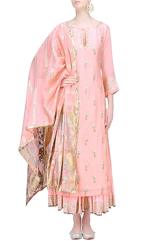 Nude Pink and Gold Gota Patti Work Kurta and Skirt Set by RAJH By Bani & Sheena