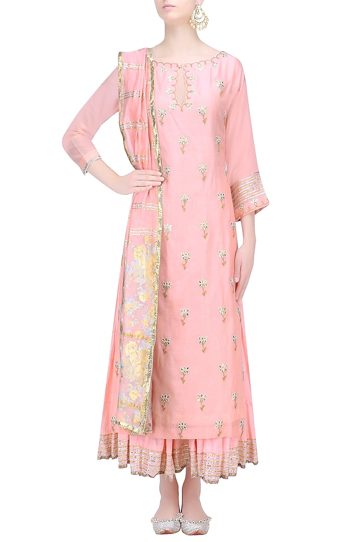 Nude pink and gold gota patti work kurta and skirt set available only at Pernia's Pop Up Shop.