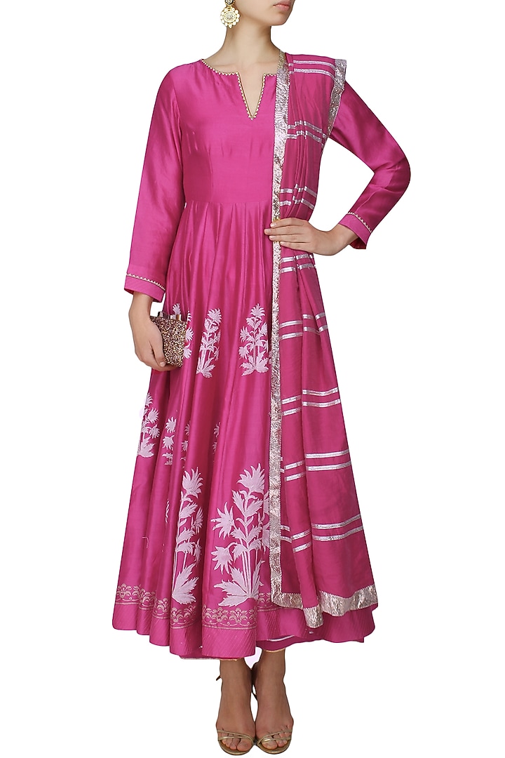 Fuschia pink block printed anarkali with golden gota striped dupatta available only at Pernia's Pop Up Shop.
