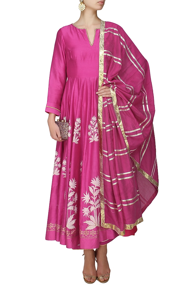 Fuschia pink block printed anarkali with golden gota striped dupatta available only at Pernia's Pop Up Shop.