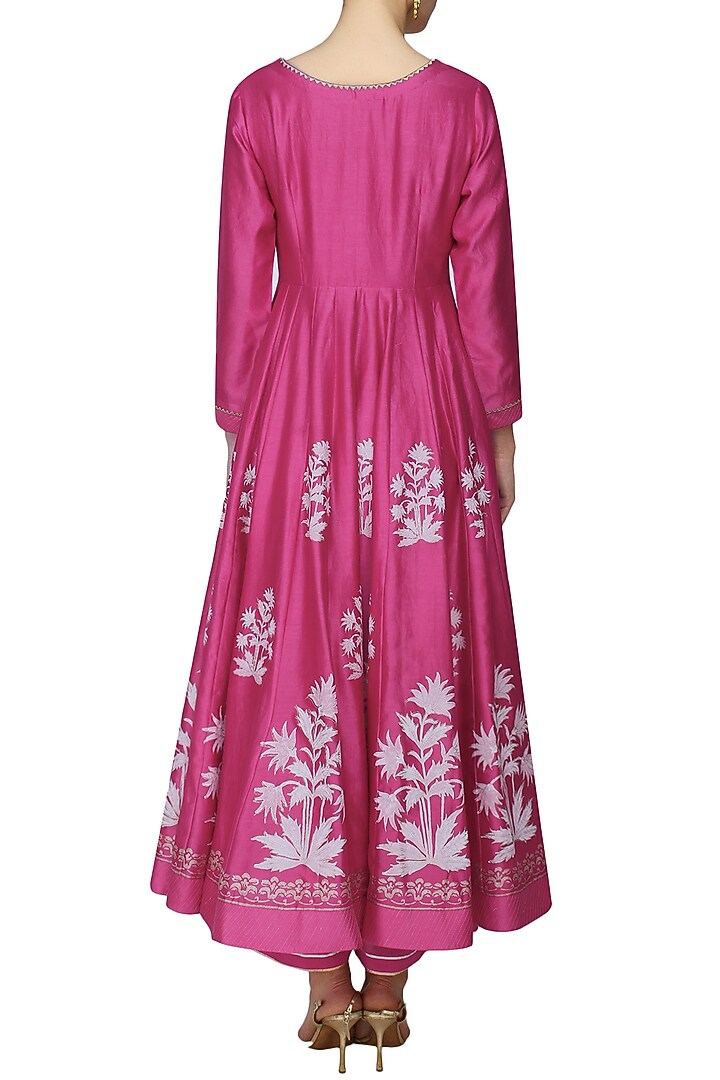 Fuschia pink block printed anarkali with golden gota striped dupatta available only at Pernia's Pop Up Shop.