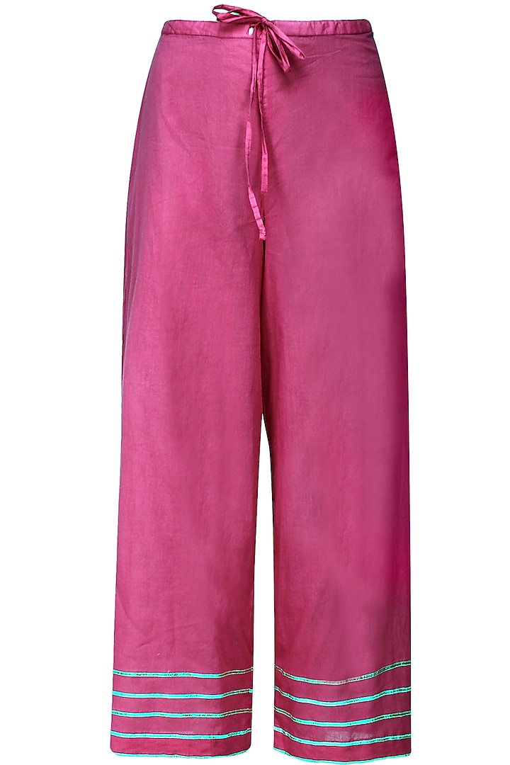 Fuschia pink block printed anarkali with golden gota striped dupatta available only at Pernia's Pop Up Shop.