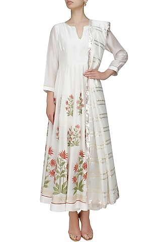 Ivory block printed floral motifs anarkali kurta and gota stripes dupatta by RAJH By Bani & Sheena