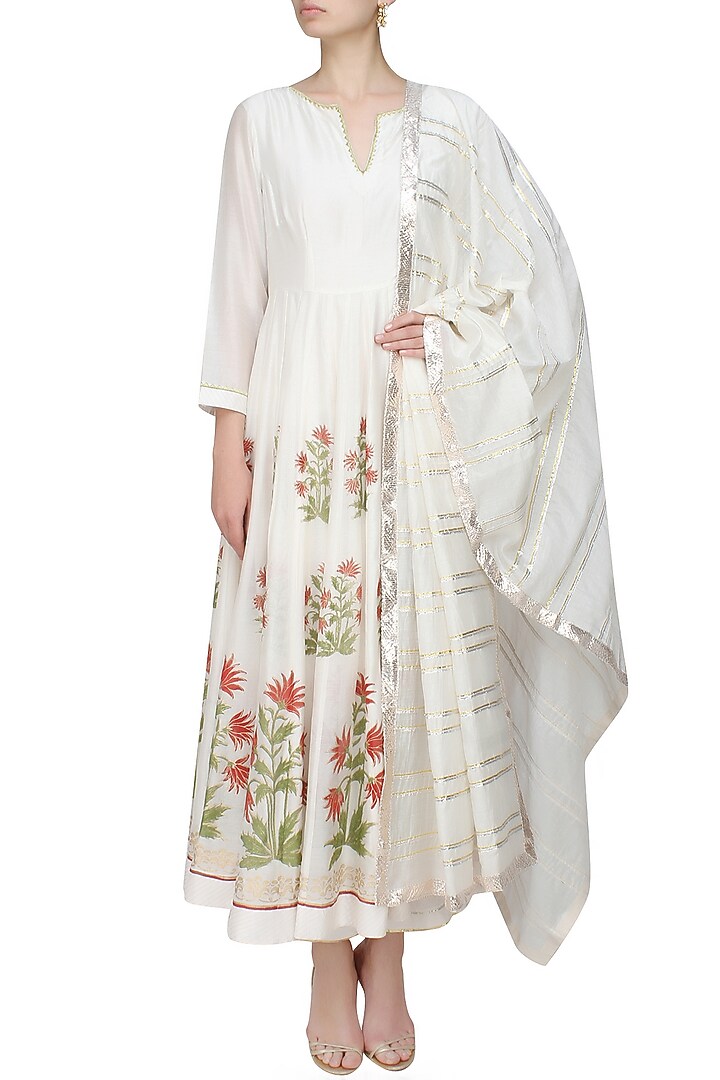 Ivory block printed floral motifs anarkali kurta and gota stripes dupatta available only at Pernia's Pop Up Shop.