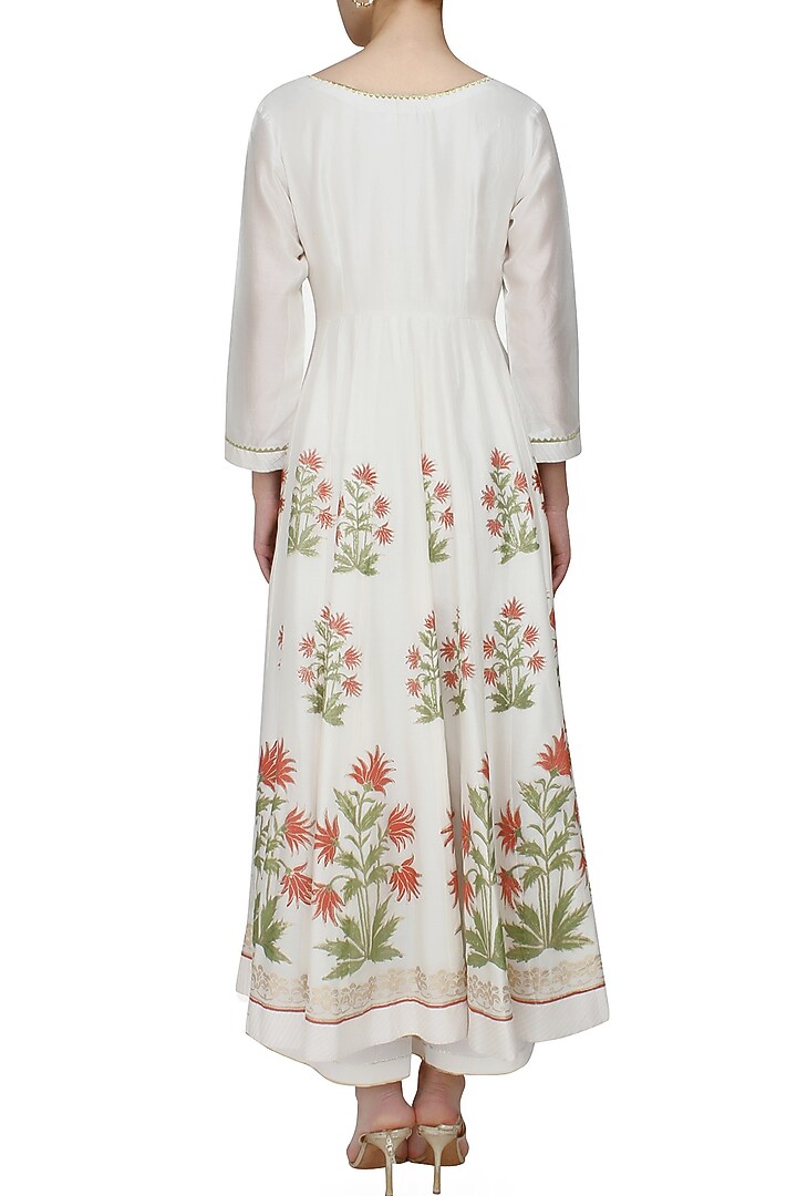 Ivory block printed floral motifs anarkali kurta and gota stripes dupatta available only at Pernia's Pop Up Shop.